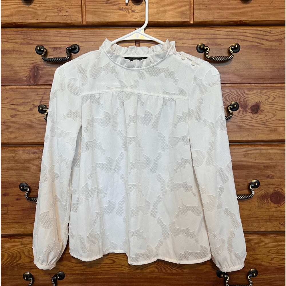 Banana Republic Factory White Sheer Ruffle Neck Blouse